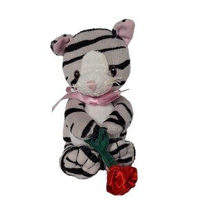 First & Main Stripes Tabby Cat Black Gray Plush Holding Rose Stuffed Animal 7.5"